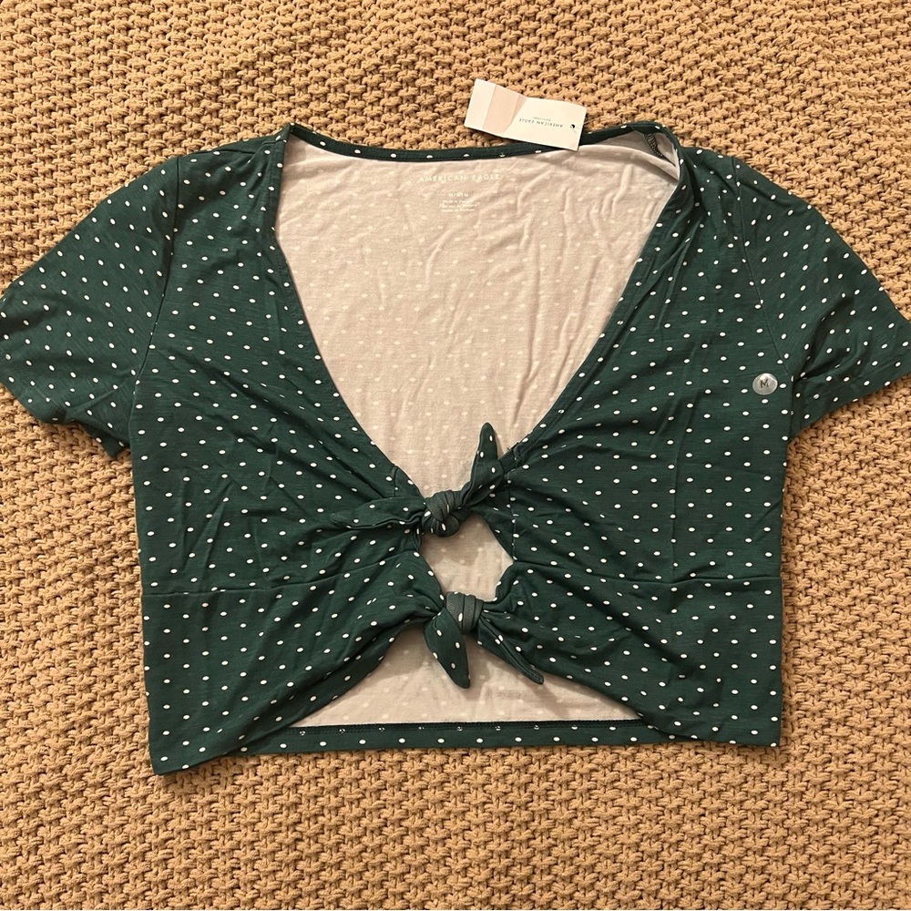 American Eagle New with Tags, Polka Dot Green Bow open front shirt - Medium